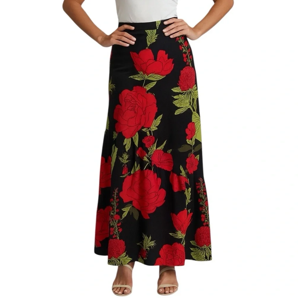Farm Rio Floral Maxi Slip Skirt Asymmetrical Ruffle Red Black Small S - Picture 1 of 11